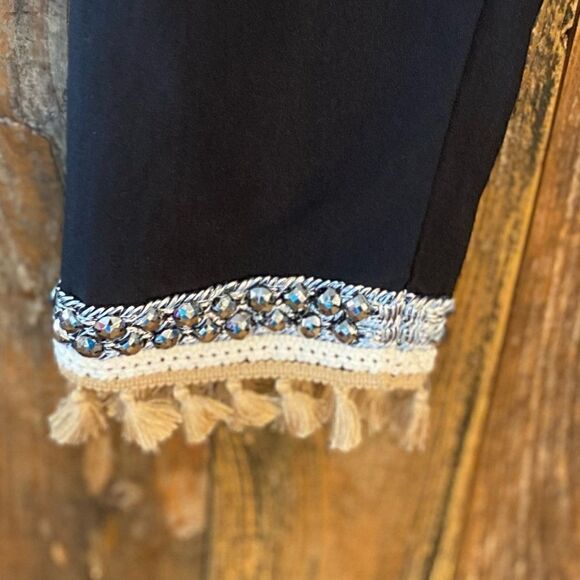 Chico’s So Slimming Sz 0.5/XS Black Ankle Beige Tassel Silver Beaded Hem Psnts - Picture 5 of 5